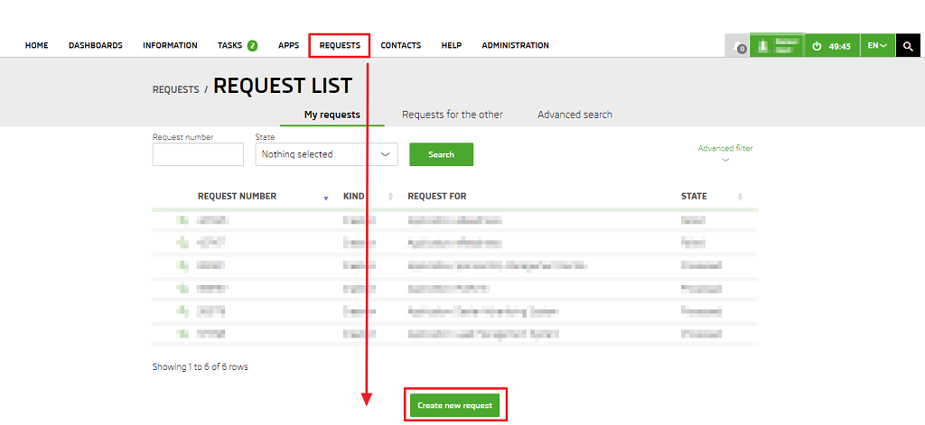 Requests section B2B portal